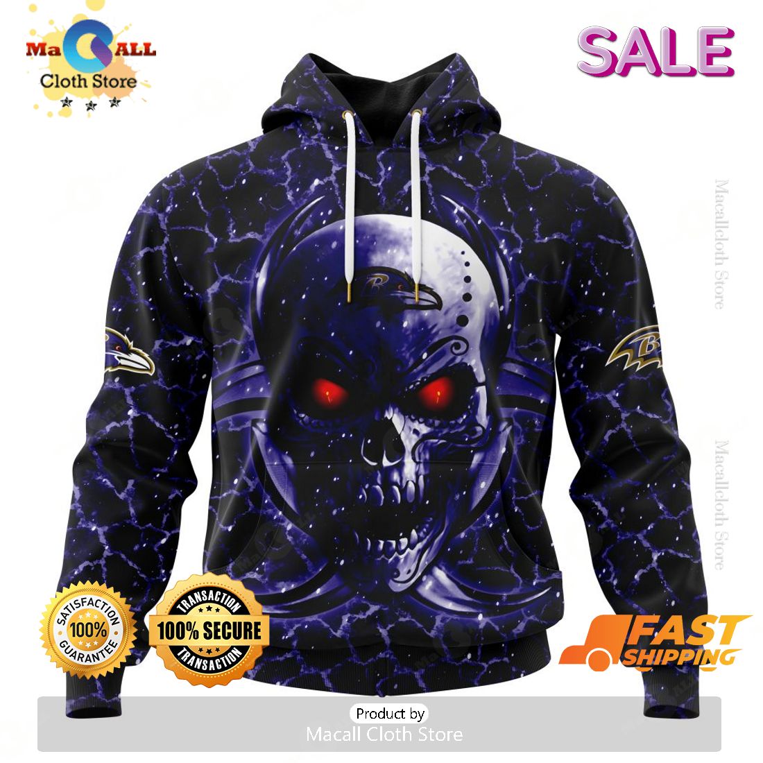 SALE Personalized NFL Baltimore Ravens New Skull Art Design Hoodie Sweatshirt 3D