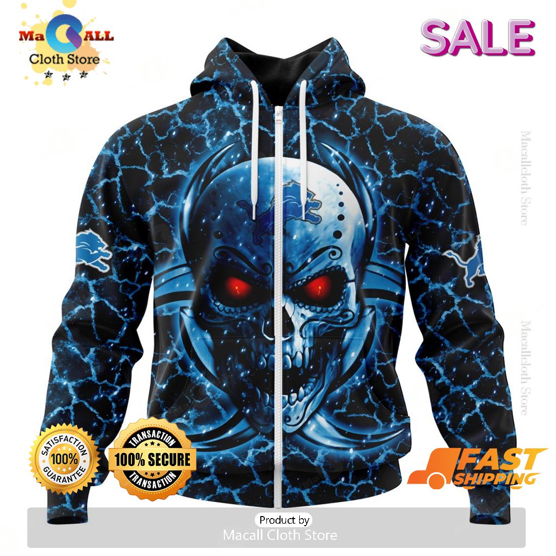 SALE Personalized NFL Detroit Lions New Skull Art Design Hoodie Sweatshirt 3D