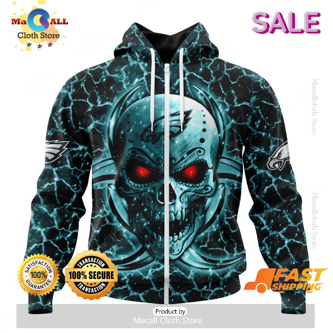SALE Personalized NFL Philadelphia Eagles New Skull Art Design Hoodie Sweatshirt 3D