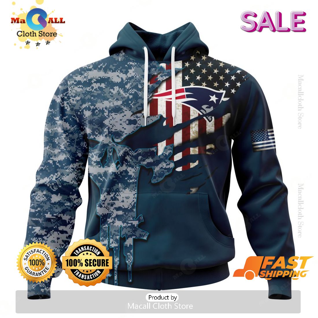 SALE Personalized NFL New England Patriots Special Navy Camo Veteran Design Hoodie Sweatshirt 3D