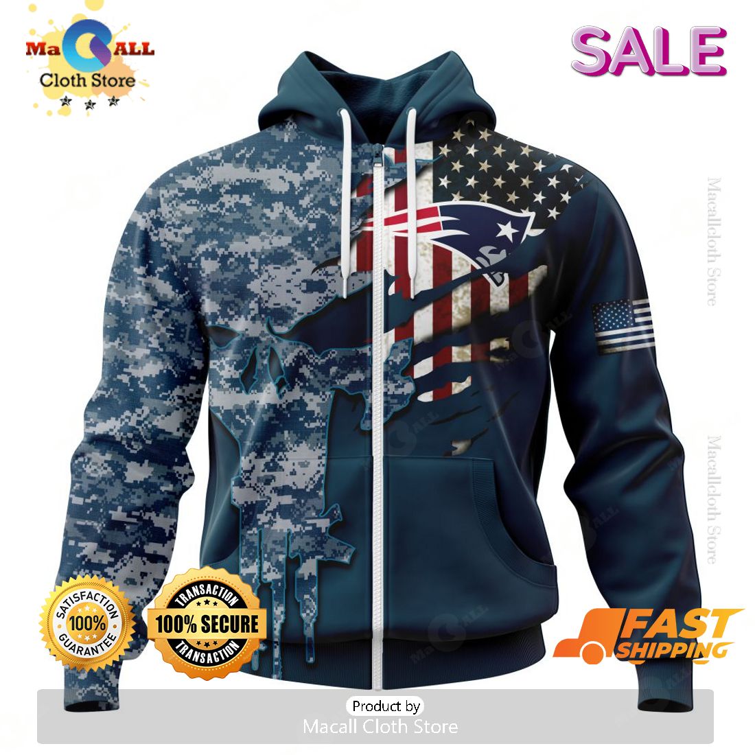 SALE Personalized NFL New England Patriots Special Navy Camo Veteran Design Hoodie Sweatshirt 3D