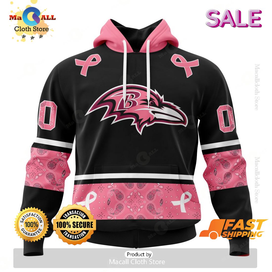 [SALE] Personalized NFL Baltimore Ravens PINK BREAST CANCER Specialized Design In Classic Style With Paisley Hoodie 3D