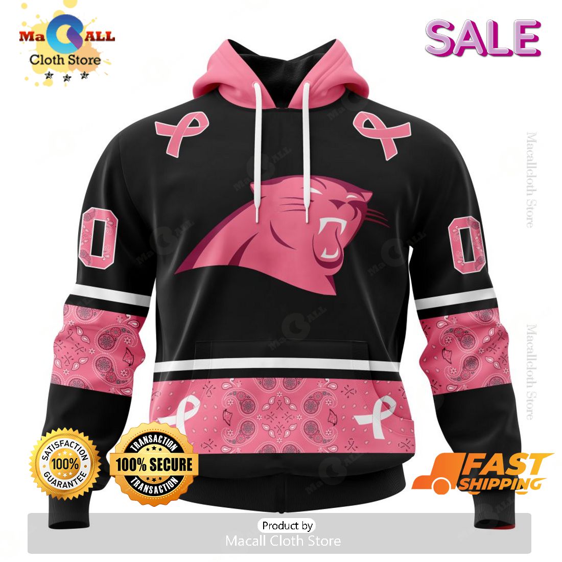 [SALE] Personalized NFL Carolina Panthers PINK BREAST CANCER Specialized Design In Classic Style With Paisley Hoodie 3D