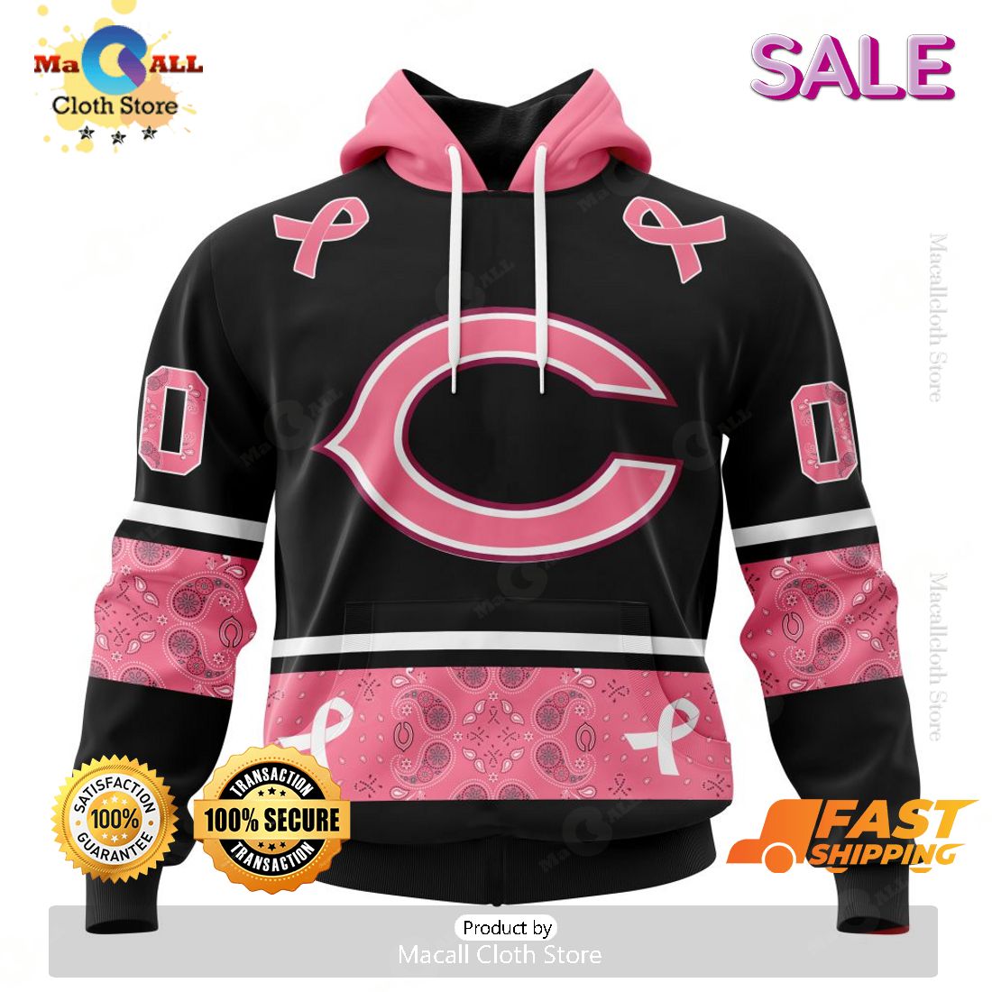 [SALE] Personalized NFL Chicago BearsPINK BREAST CANCER Specialized Design In Classic Style With Paisley Hoodie 3D