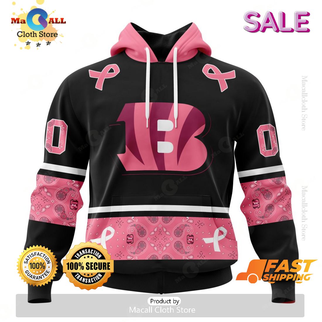 [SALE] Personalized NFL Cincinnati Bengals PINK BREAST CANCER Specialized Design In Classic Style With Paisley Hoodie 3D