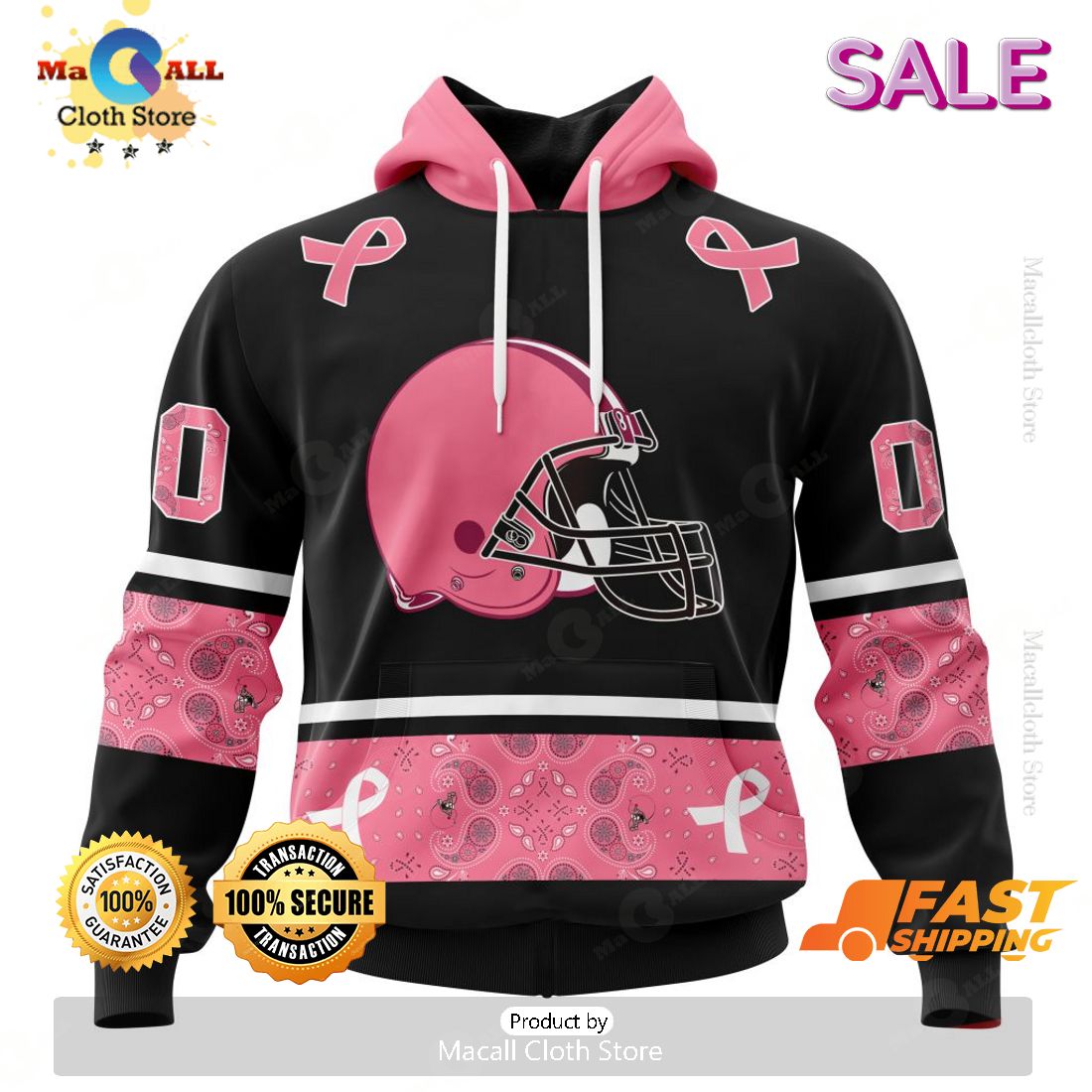[SALE] Personalized NFL Cleveland Browns PINK BREAST CANCER Specialized Design In Classic Style With Paisley Hoodie 3D