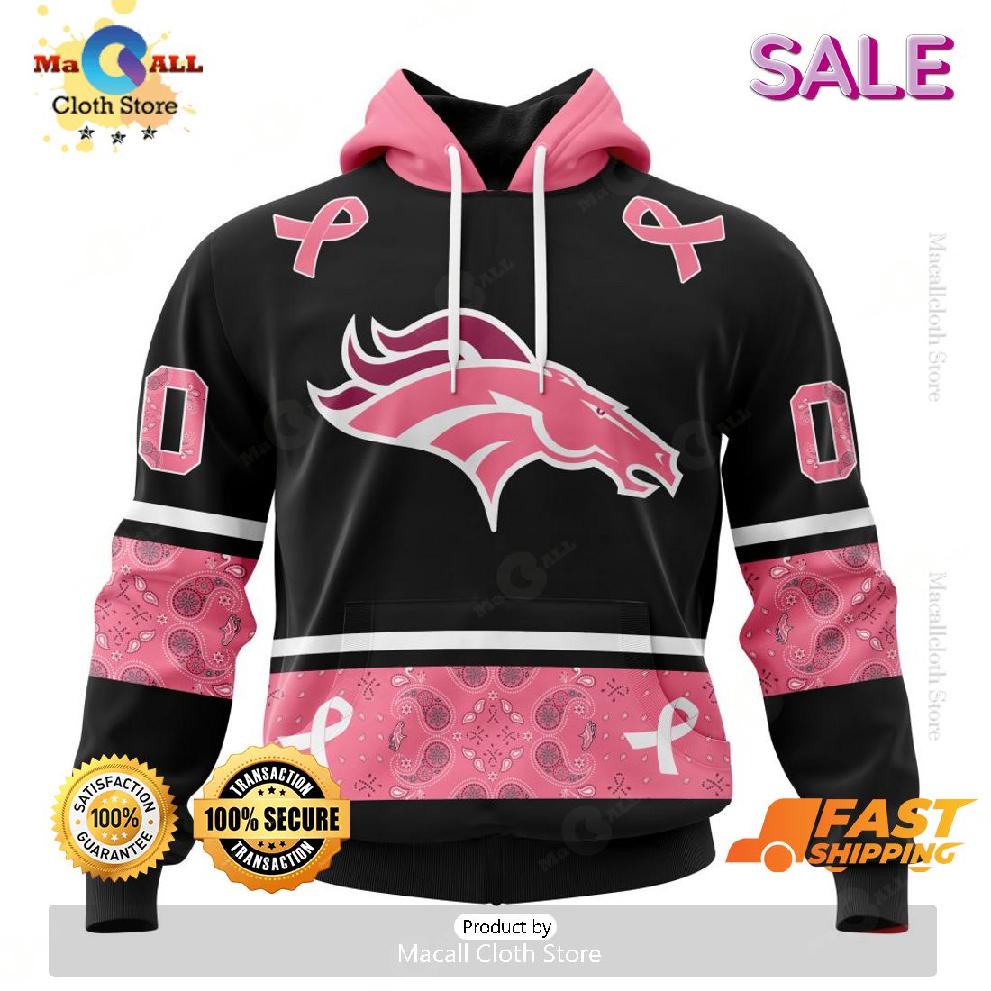 [SALE] Personalized NFL Denver Broncos PINK BREAST CANCER Specialized Design In Classic Style With Paisley Hoodie 3D