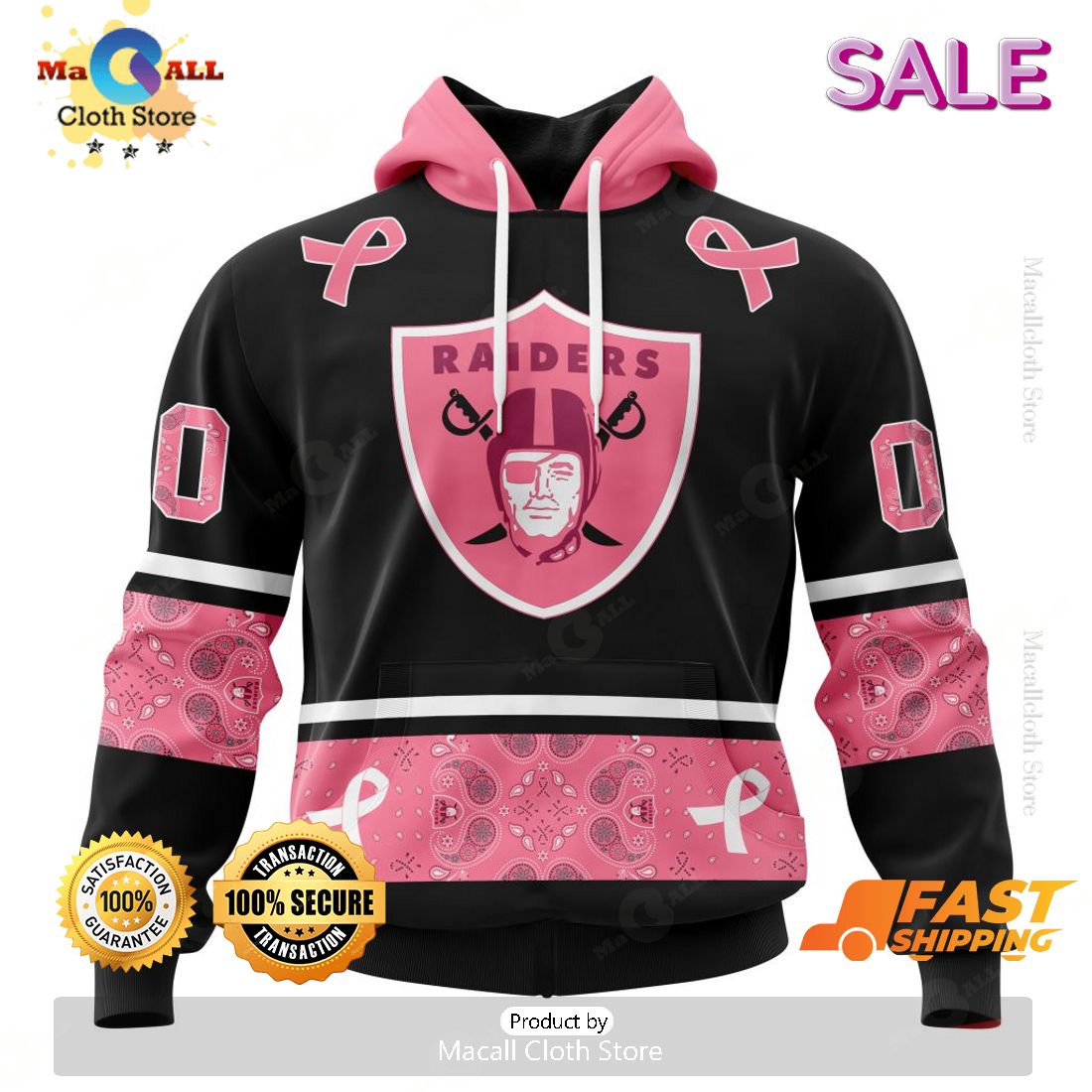 [SALE] Personalized NFL Las Vegas Raiders PINK BREAST CANCER Specialized Design In Classic Style With Paisley Hoodie 3D
