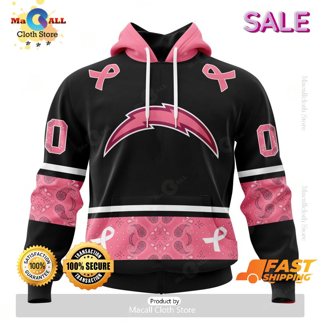 [SALE] Personalized NFL Los Angeles Chargers PINK BREAST CANCER Specialized Design In Classic Style With Paisley Hoodie 3D