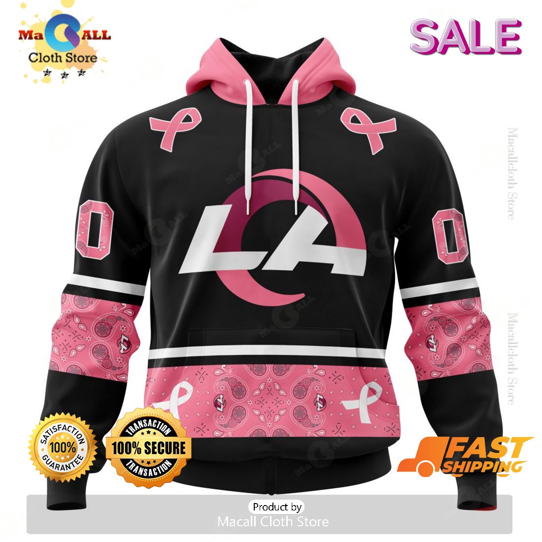 [SALE] Personalized NFL Los Angeles Rams PINK BREAST CANCER Specialized Design In Classic Style With Paisley Hoodie 3D