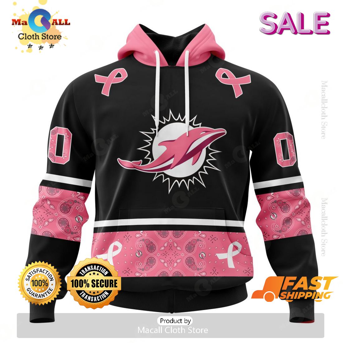 [SALE] Personalized NFL Miami Dolphins PINK BREAST CANCER Specialized Design In Classic Style With Paisley Hoodie 3D