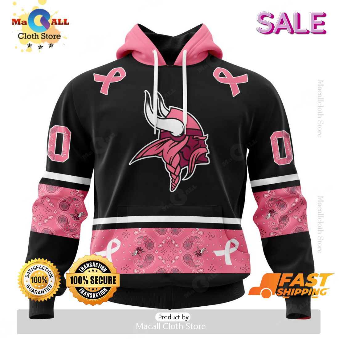 [SALE] Personalized NFL Minnesota Vikings PINK BREAST CANCER Specialized Design In Classic Style With Paisley Hoodie 3D