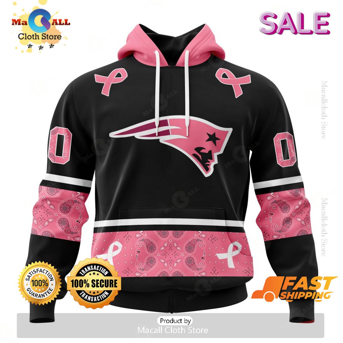 [SALE] Personalized NFL New England Patriots PINK BREAST CANCER Specialized Design In Classic Style With Paisley Hoodie 3D