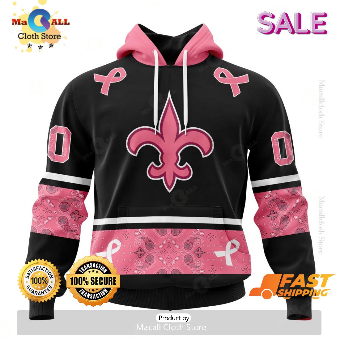 [SALE] Personalized NFL New Orleans Saints PINK BREAST CANCER Specialized Design In Classic Style With Paisley Hoodie 3D