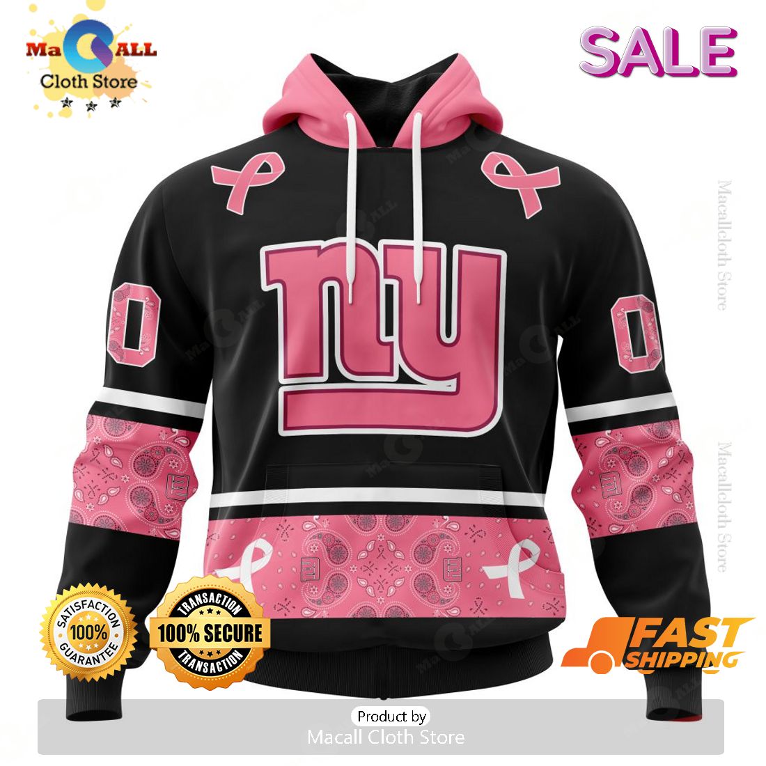 [SALE] Personalized NFL New York Giants PINK BREAST CANCER Specialized Design In Classic Style With Paisley Hoodie 3D