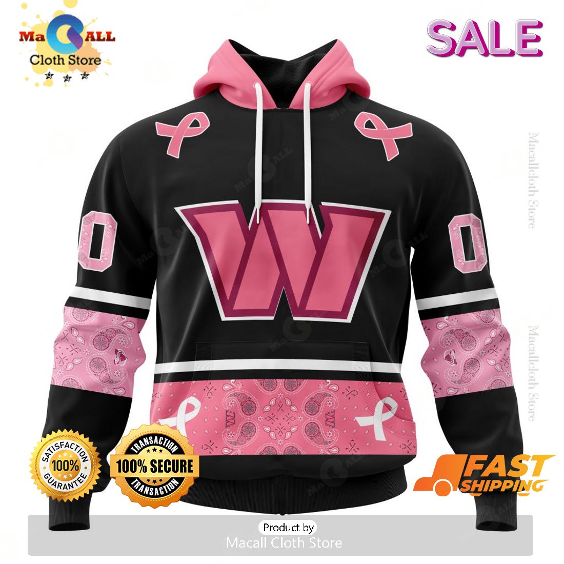 [SALE] Personalized NFL Washington Commanders PINK BREAST CANCER Specialized Design In Classic Style With Paisley Hoodie 3D