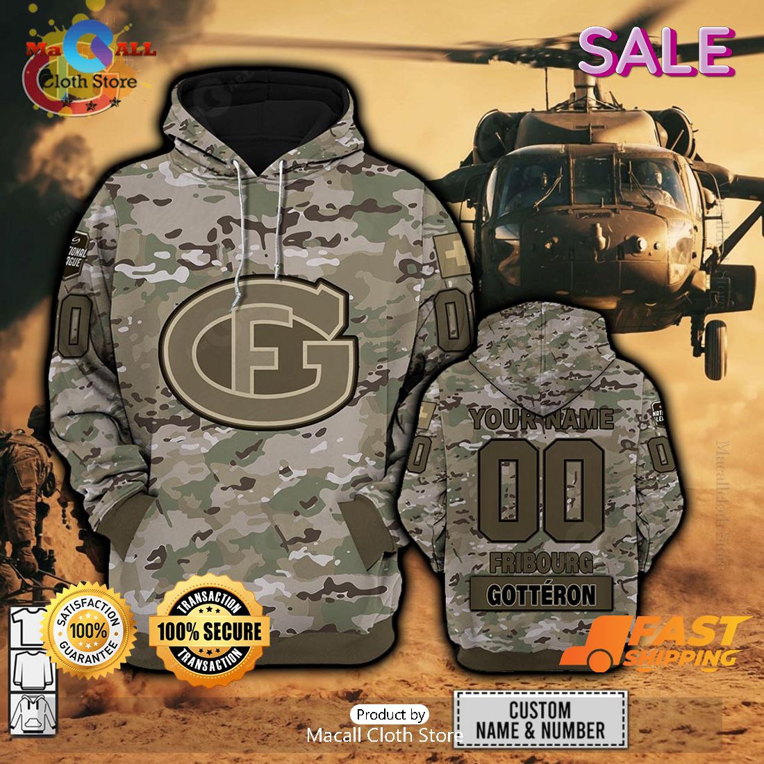 [SALE] Personalized NL Hockey Fribourg Gotteron Army Camo Style Hoodie Sweatshirt 3D