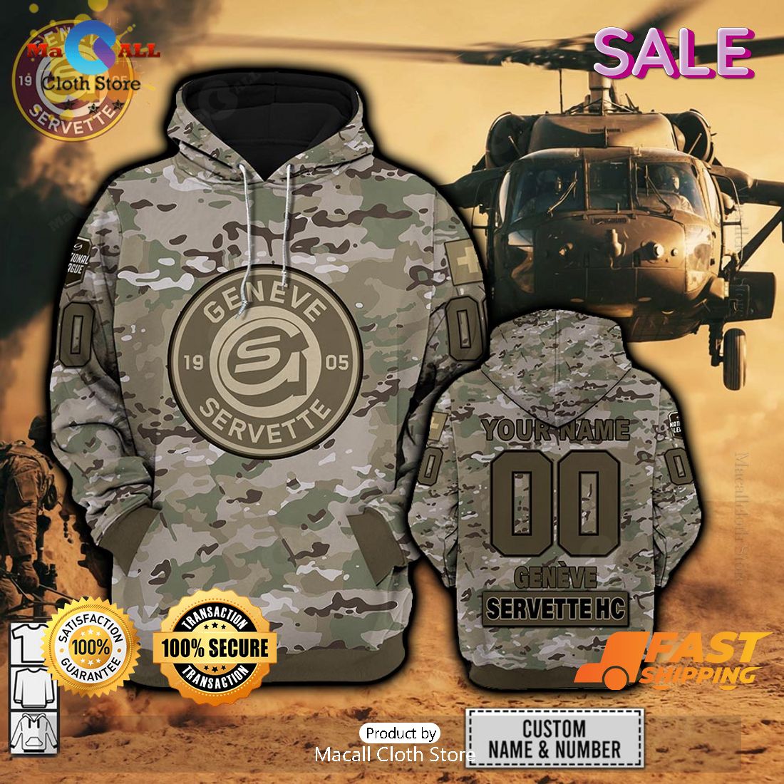 [SALE] Personalized NL Hockey Geneve Servette HC Army Camo Style Hoodie Sweatshirt 3D