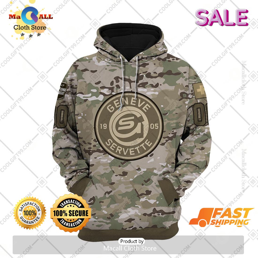 [SALE] Personalized NL Hockey Geneve Servette HC Army Camo Style Hoodie Sweatshirt 3D