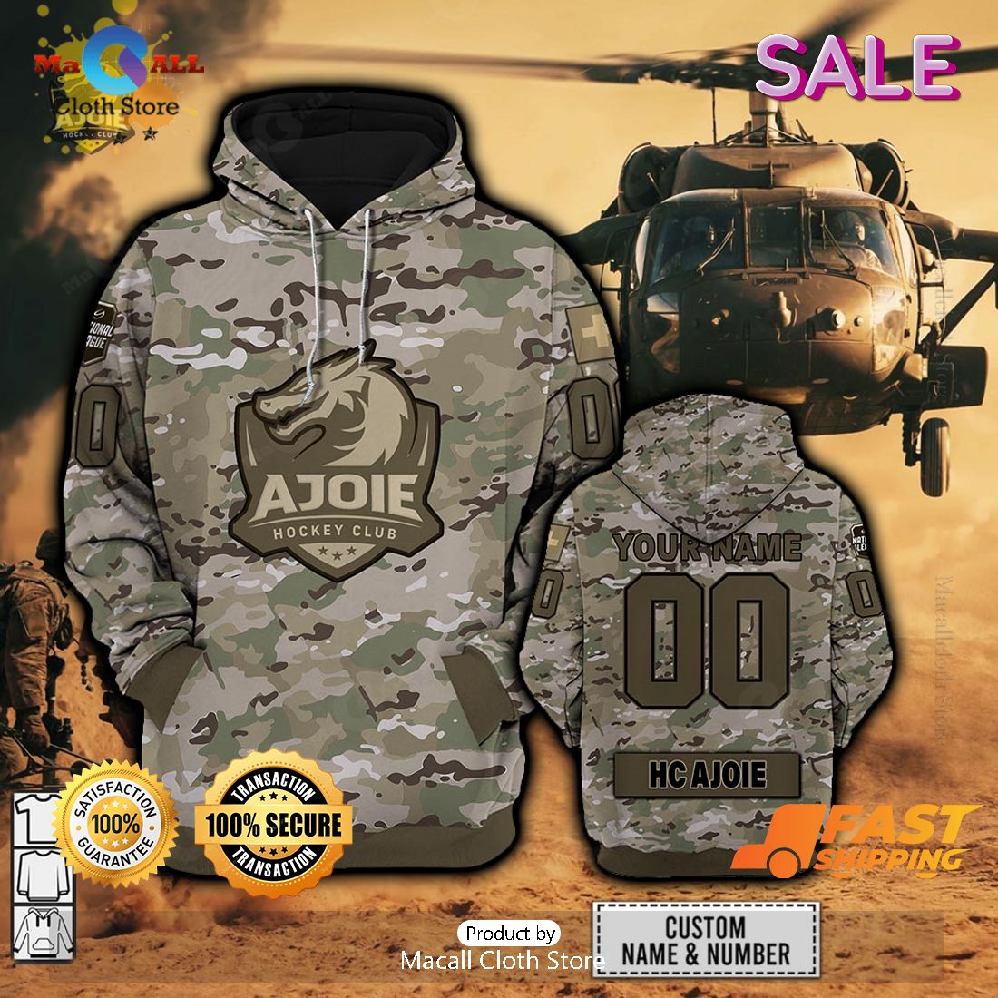 [SALE] Personalized NL Hockey HC Ajoie Army Camo Style Hoodie Sweatshirt 3D