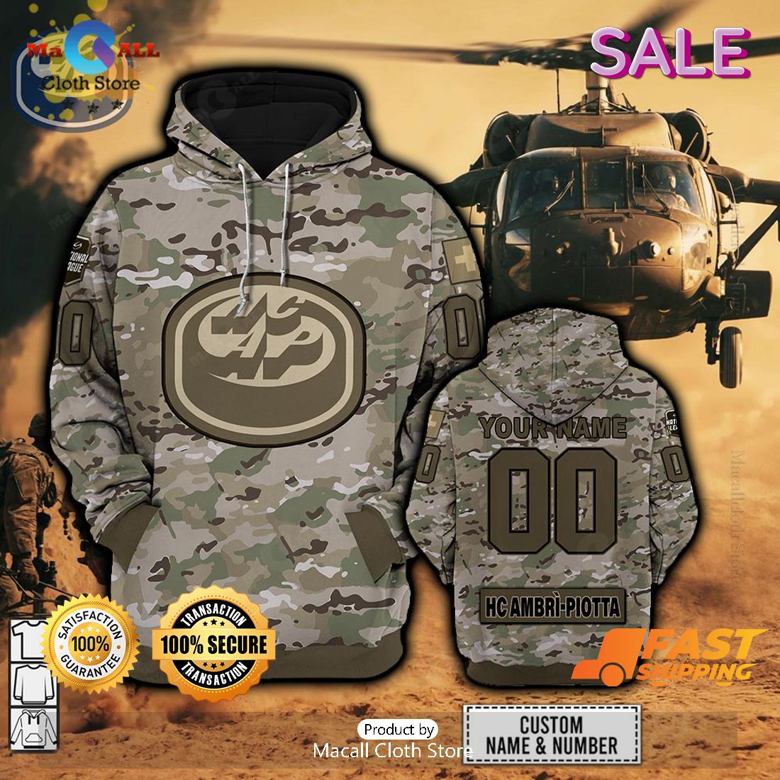 [SALE] Personalized NL Hockey HC Ambri Piotta Army Camo Style Hoodie Sweatshirt 3D