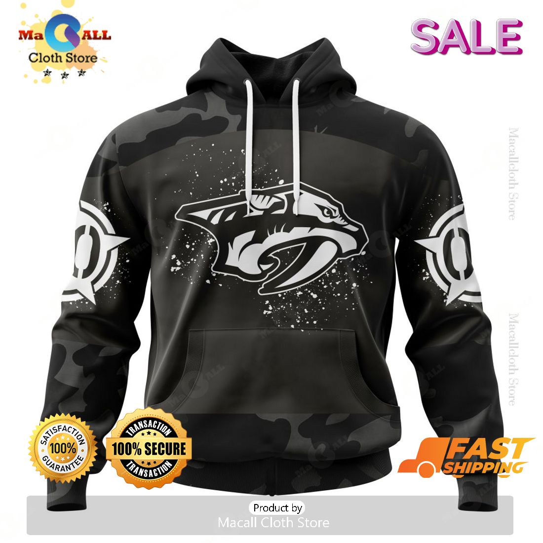 [SALE] NHL Nashville Predators Special Black Camo Design For Veterans Day Hoodie Sweatshirt 3D