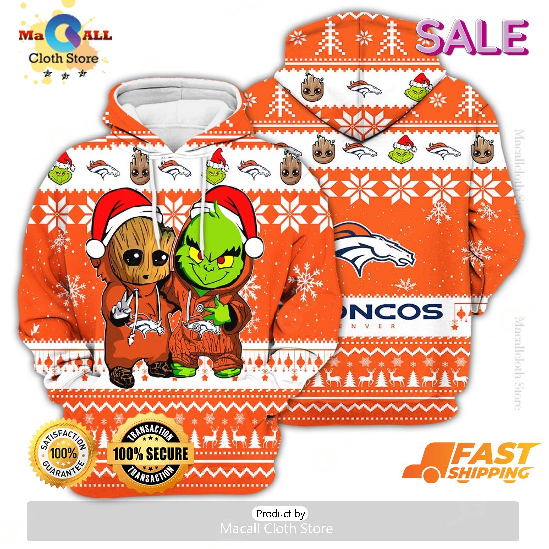 Denver Broncos Baby Groot x Grinch Best Friends Football American Ugly Christmas Sweater Denver Broncos Baby Groot x Grinch Best Friends Football American Ugly Christmas Sweater