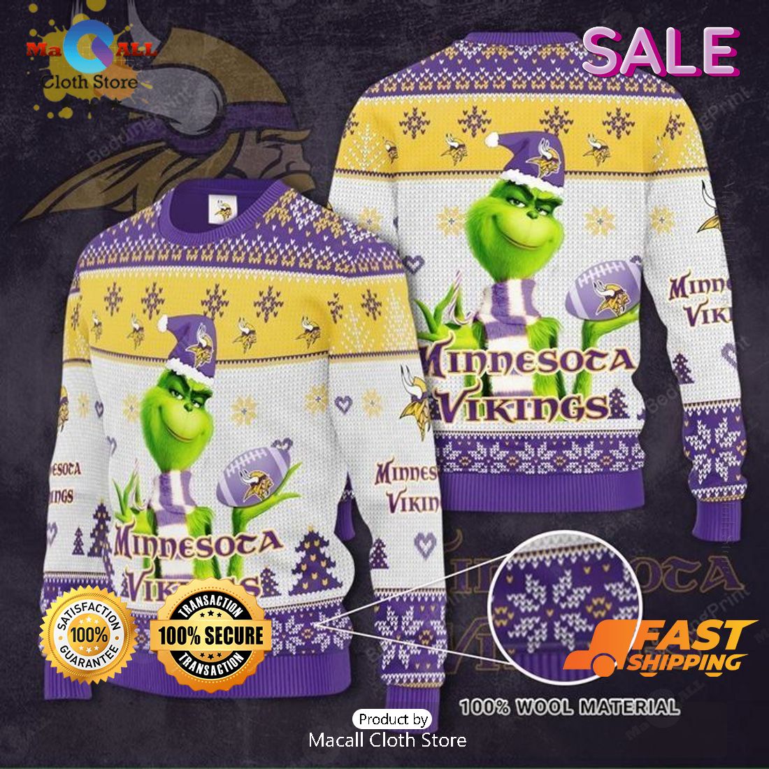 Grinch Minnesota Vikings Ugly Christmas Sweater, Gift For Christmas Day Grinch Minnesota Vikings Ugly Christmas Sweater, Gift For Christmas Day