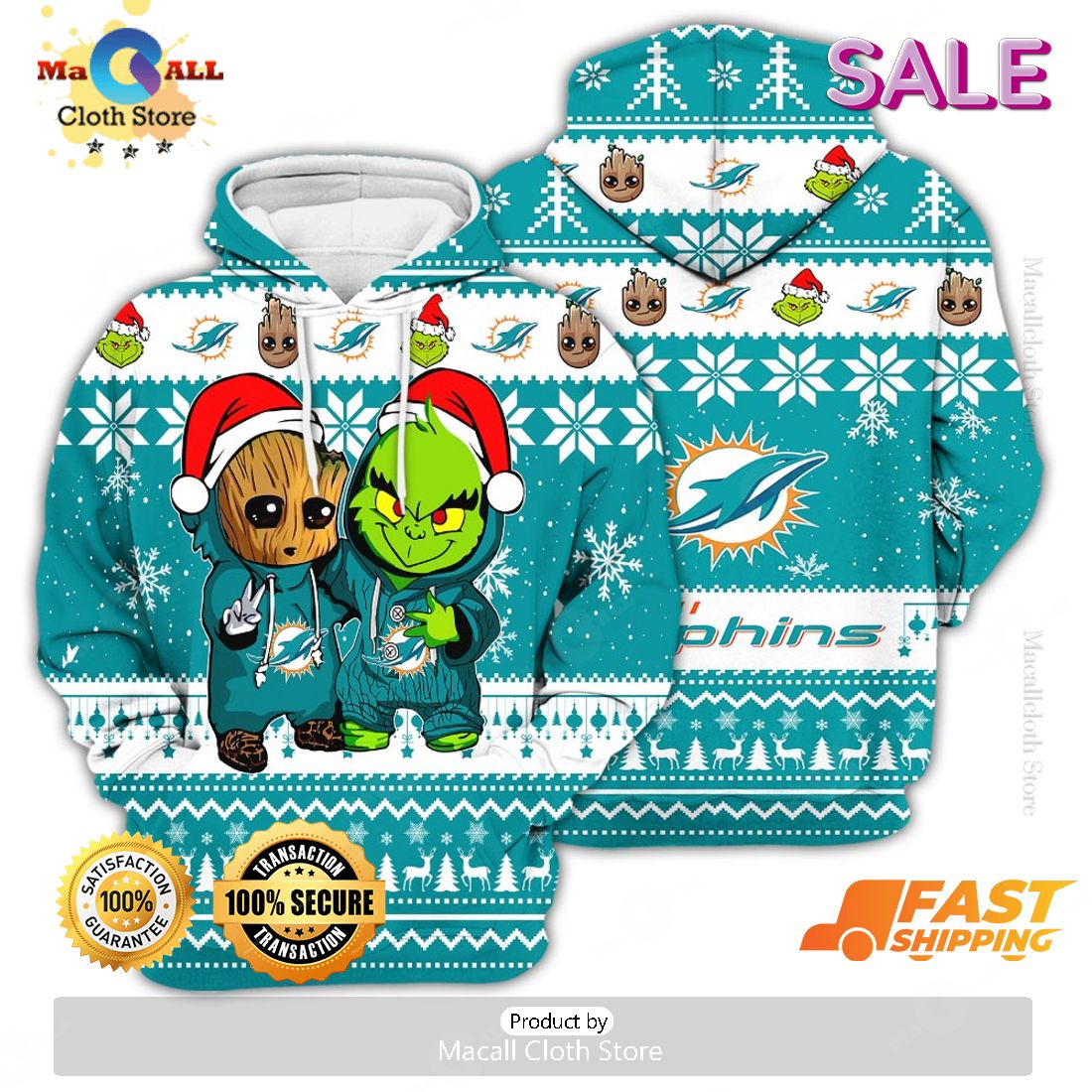 Miami Dolphins Baby Groot x Grinch Best Friends Football American Ugly Christmas Sweater Miami Dolphins Baby Groot x Grinch Best Friends Football American Ugly Christmas Sweater