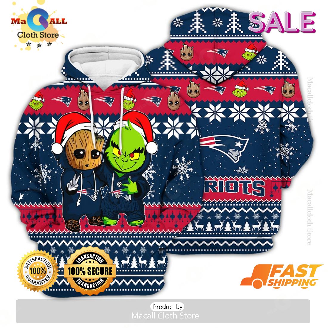 New England Patriots Baby Groot x Grinch Best Friends Football American Ugly Christmas Sweater New England Patriots Baby Groot x Grinch Best Friends Football American Ugly Christmas Sweater