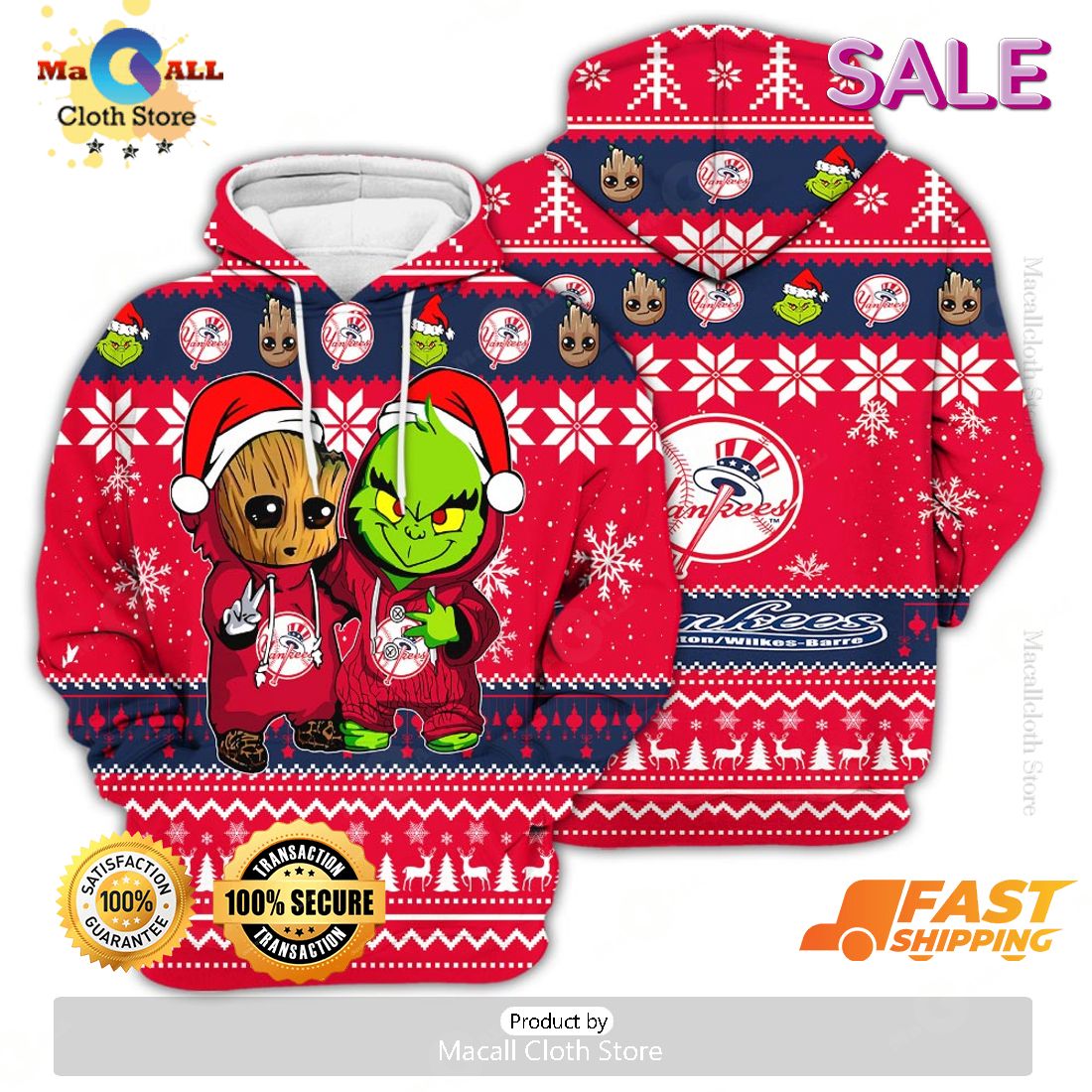 New York Yankees Baby Groot x Grinch Best Friends Football American Ugly Christmas Sweater New York Yankees Baby Groot x Grinch Best Friends Football American Ugly Christmas Sweater