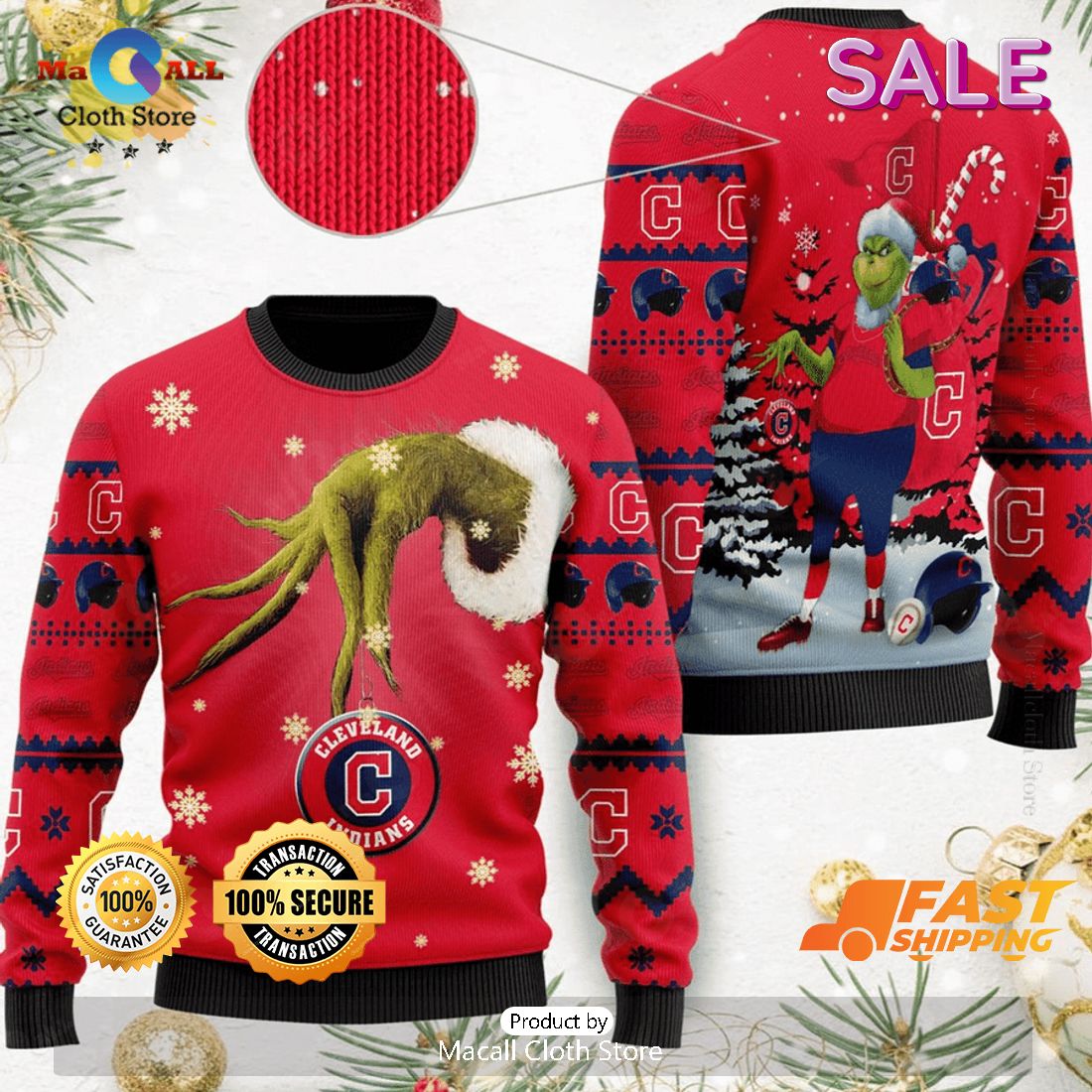 Cleveland Indians MLB Grinch Ugly Christmas Sweater, Fandom Gifts