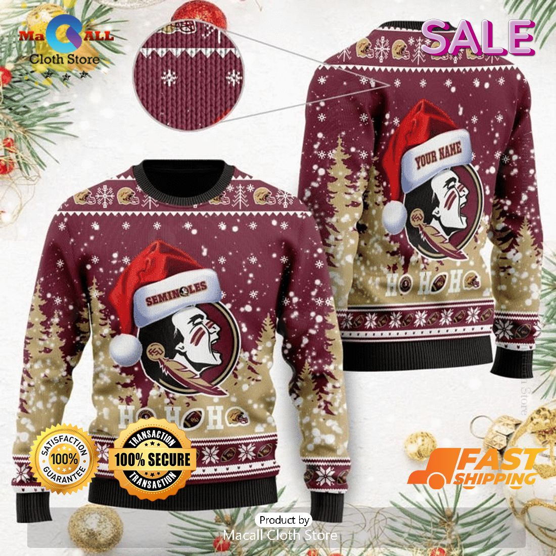 Florida State Seminoles NCAA Custom Name Ugly Christmas Sweater, Fandom Gifts Florida State Seminoles NCAA Custom Name Ugly Christmas Sweater, Fandom Gifts