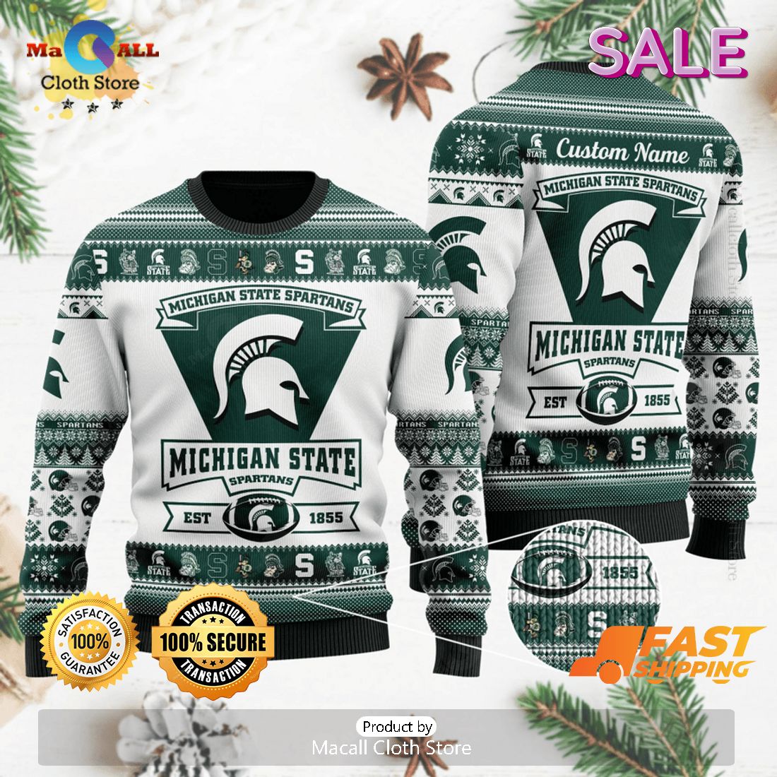Michigan State Spartans NCAA Custom Name Ugly Christmas Sweater, Fandom Gifts Michigan State Spartans NCAA Custom Name Ugly Christmas Sweater, Fandom Gifts