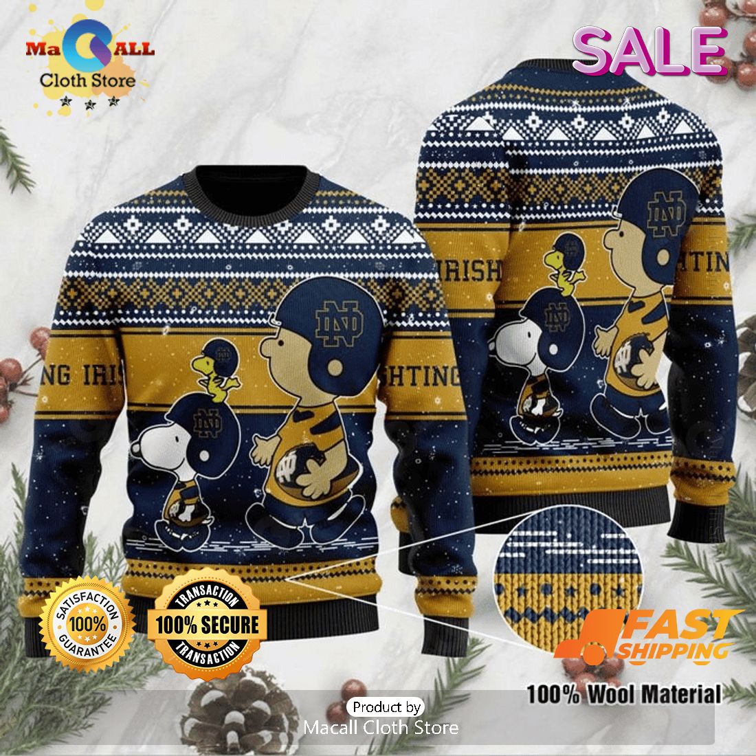Notre Dame Fighting Irish NCAA Snoopy Ugly Christmas Sweater, Fandom Gifts Notre Dame Fighting Irish NCAA Snoopy Ugly Christmas Sweater, Fandom Gifts