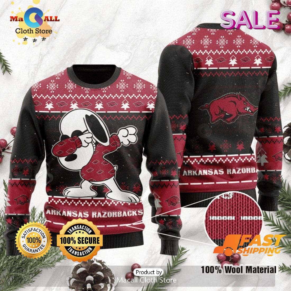 Arkansas Razorbacks NCAA Snoopy Cartoon Ugly Christmas Sweater, Fandom Gifts Ideas Arkansas Razorbacks NCAA Snoopy Cartoon Ugly Christmas Sweater, Fandom Gifts Ideas
