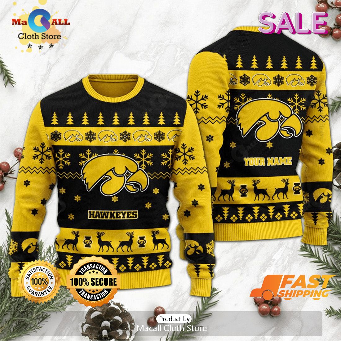 NCAA Iowa Hawkeyes Custom Name Ugly Christmas Sweater, Fandom Gifts Ideas NCAA Iowa Hawkeyes Custom Name Ugly Christmas Sweater, Fandom Gifts Ideas
