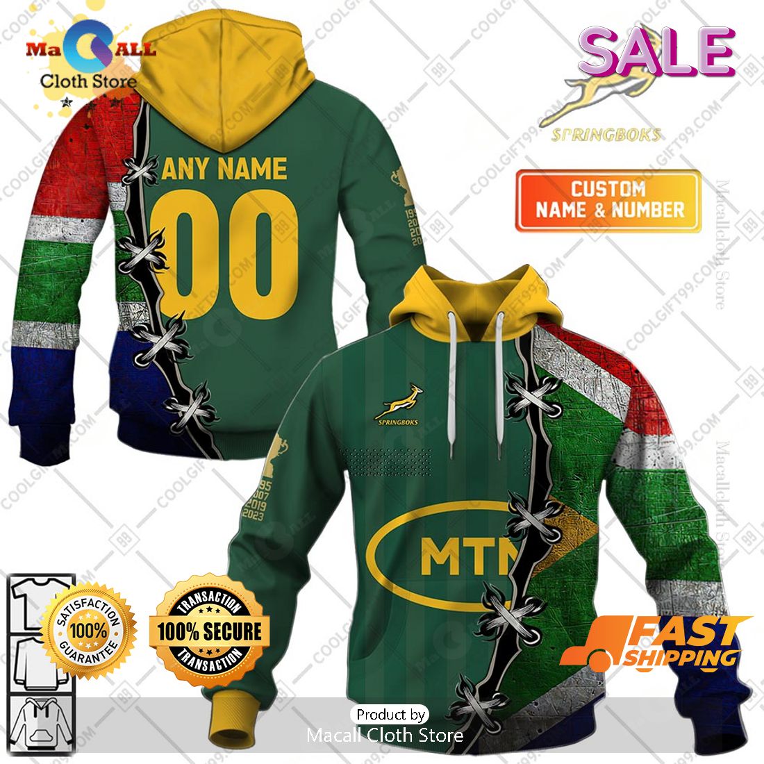 Personalized Springboks Mix South Africa Flag Zip Hoodie, Sweatshirt 3D ...