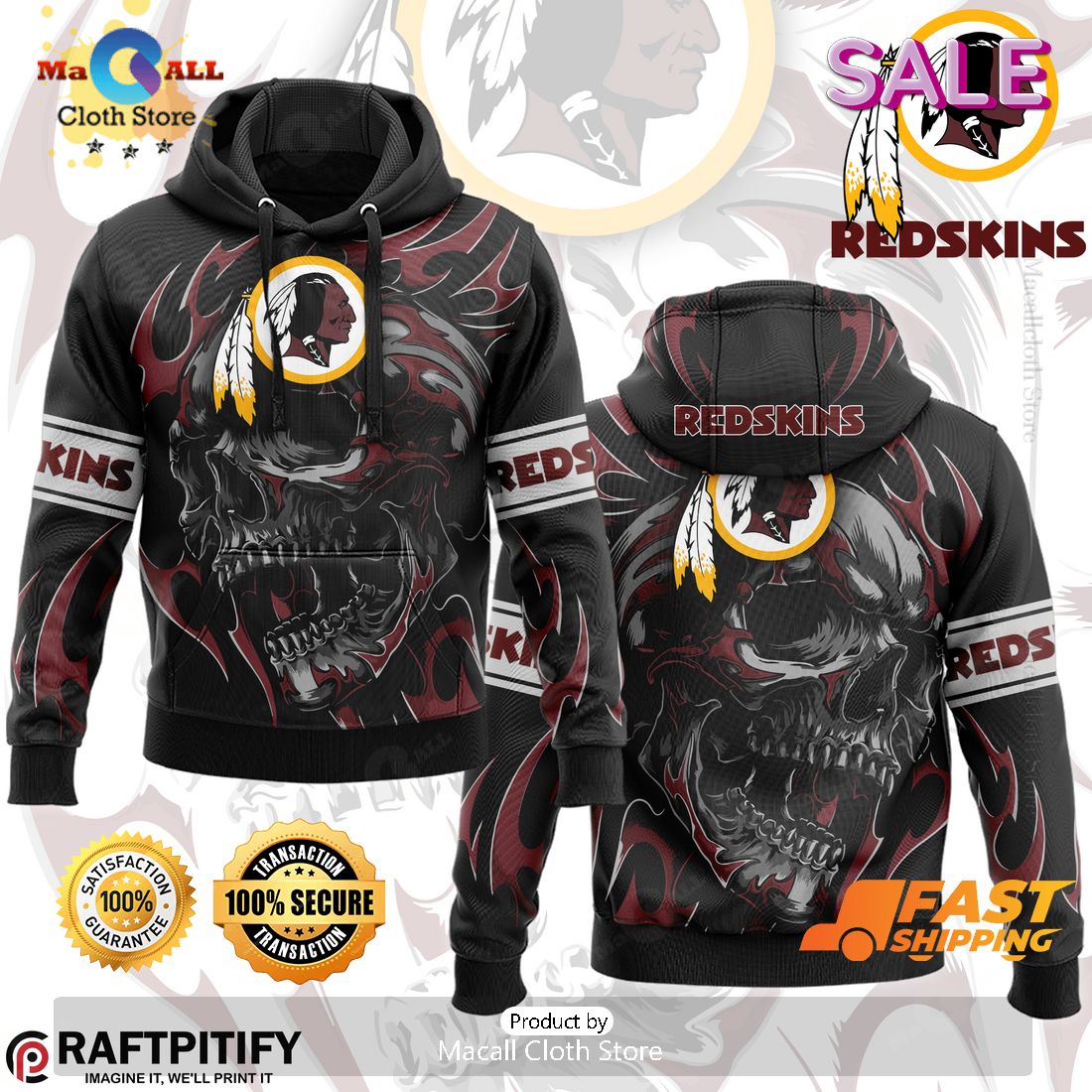 Washington Redskins NFL Punisher Skull Style Hoodie Sweatshirt 3D ...