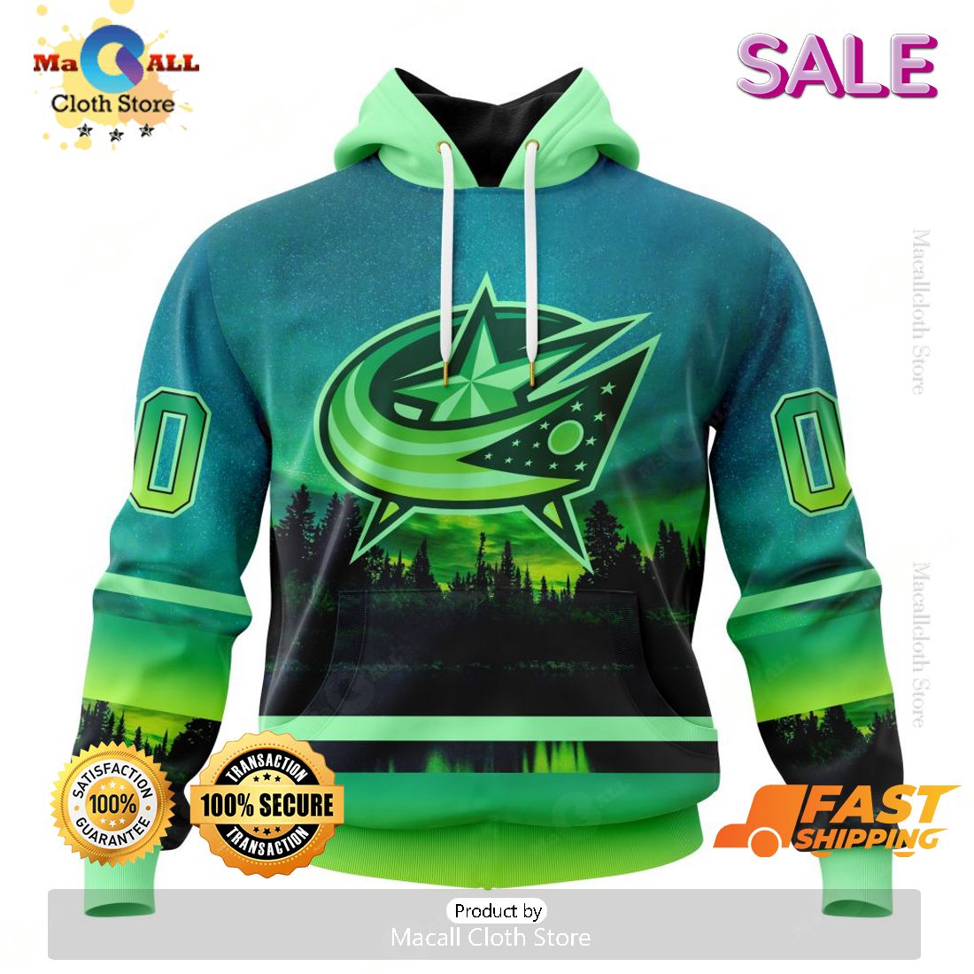 NHL Columbus Blue Jackets Personalized New Design With Northern Lights Hoodie 3D NHL Columbus Blue Jackets Personalized New Design With Northern Lights Hoodie 3D