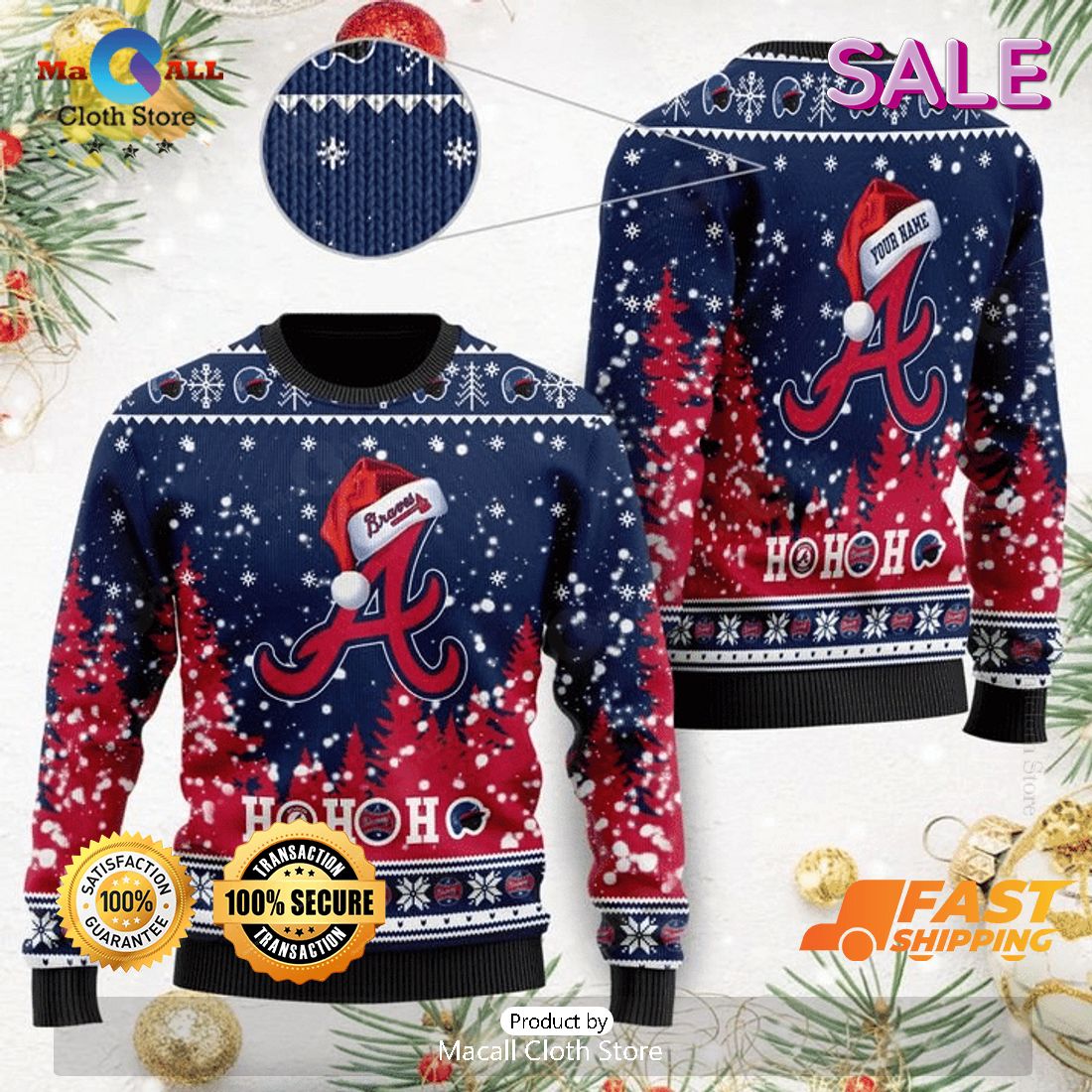 Custom Name Atlanta Braves MLB Funny Gift Ugly Christmas Sweater Custom Name Atlanta Braves MLB Funny Gift Ugly Christmas Sweater