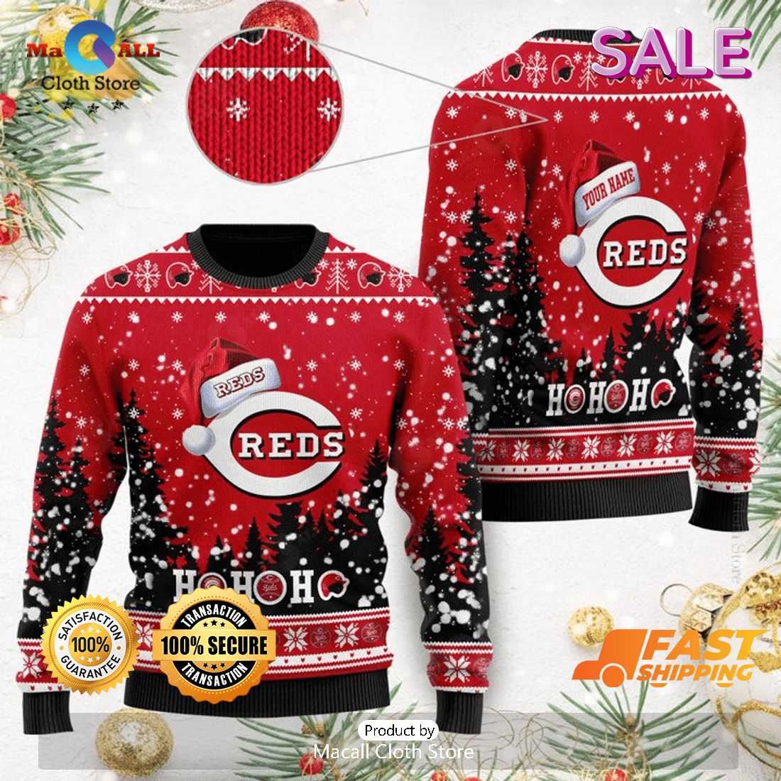 Custom Name MLB Cincinnati Reds Hohoho Funny Gift Ugly Christmas Sweater Custom Name MLB Cincinnati Reds Hohoho Funny Gift Ugly Christmas Sweater