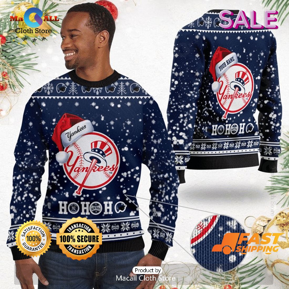 Custom Name MLB New York Yankees Hohoho Funny Gift Ugly Christmas Sweater