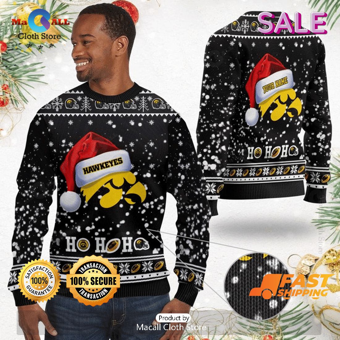 Custom Name NCAA Iowa Hawkeyes Funny Hohoho Gift Ugly Christmas Sweater Custom Name NCAA Iowa Hawkeyes Funny Hohoho Gift Ugly Christmas Sweater