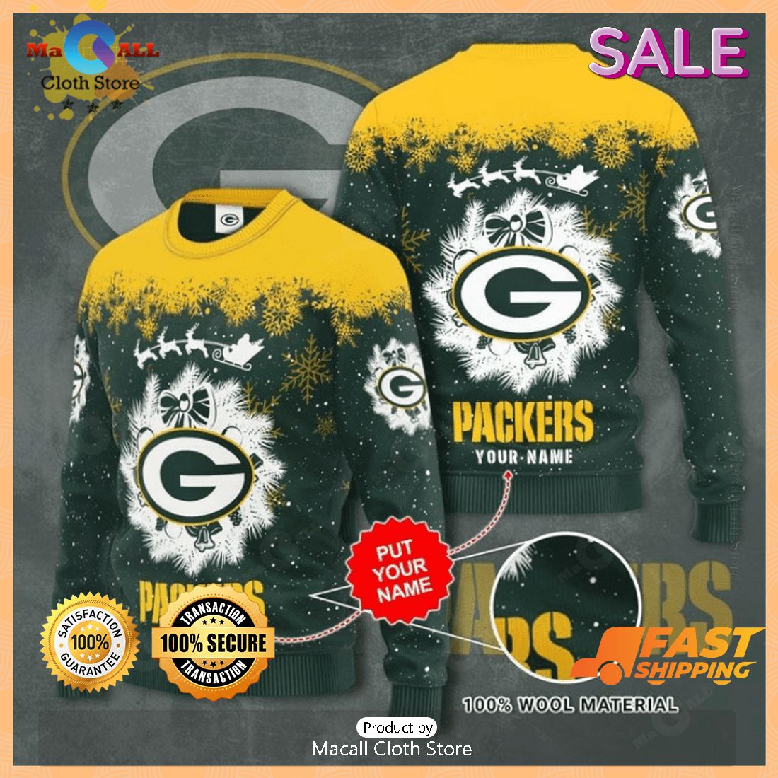 Custom Name NFL Green Bay Packers Christmas Logo Gift Ugly Christmas Sweater