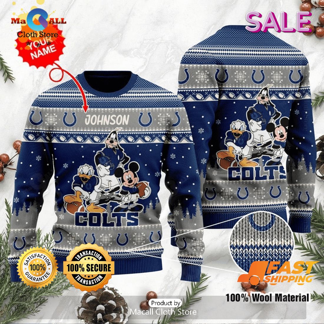 Custom Name NFL Indianapolis Colts Mickey With Friends Gift Ugly Christmas Sweater
