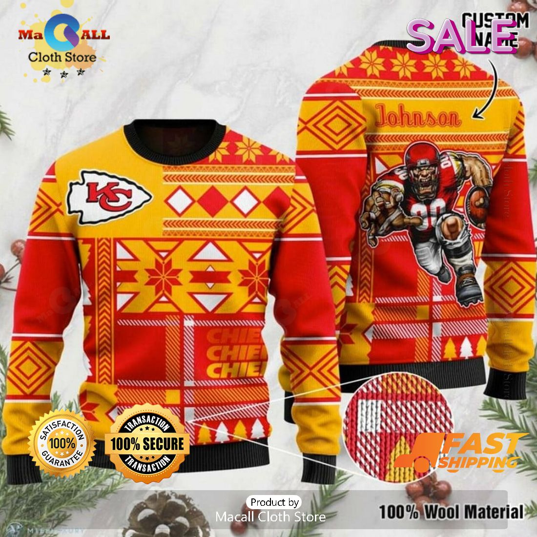 Custom Name NFL Kansas City Chiefs Sports Players Gift Ugly Christmas Sweater Custom Name NFL Kansas City Chiefs Sports Players Gift Ugly Christmas Sweater