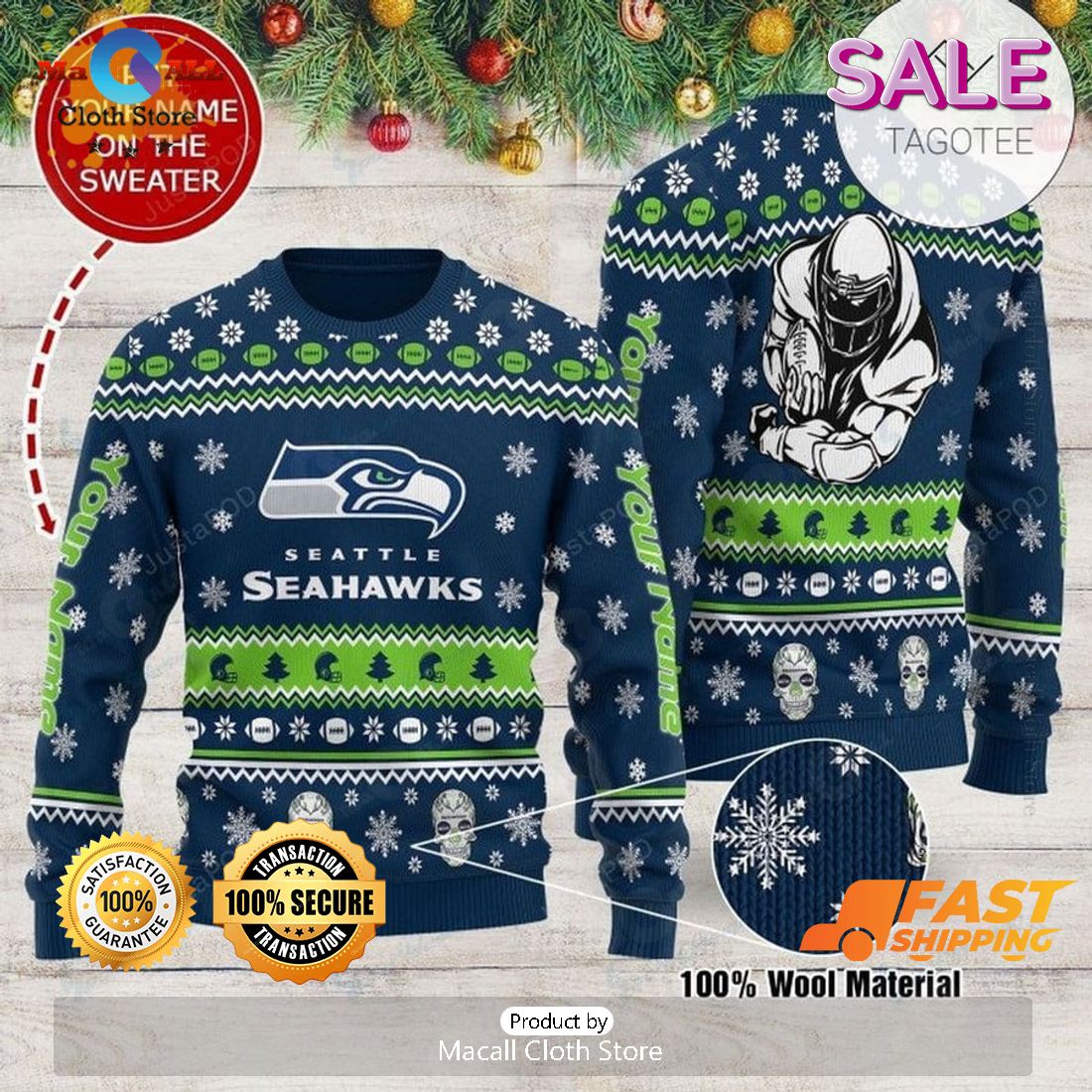 Custom Name NFL Seattle Seahawks Sports Logo Gift Ugly Christmas Sweater Custom Name NFL Seattle Seahawks Sports Logo Gift Ugly Christmas Sweater