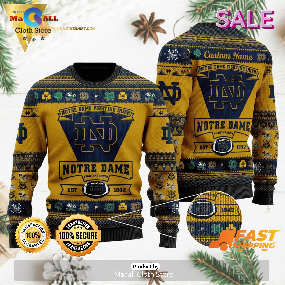 Custom Name Notre Dame Fighting Irish NCAA Gift Ugly Christmas Sweater Custom Name Notre Dame Fighting Irish NCAA Gift Ugly Christmas Sweater