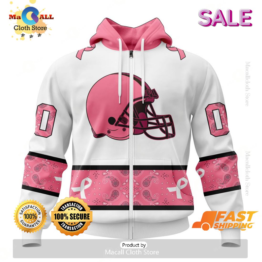 Personalized NFL Cleveland Browns Special White Design Fight Breast Cancer Zip Hoodie, Sweatshirt 3D